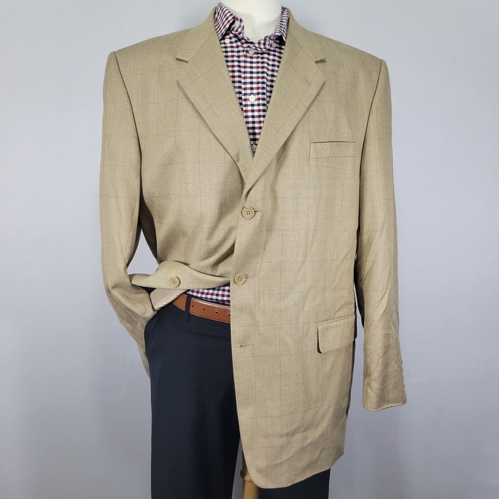 Adolfo Men's Sport Coat‎ Blazer Three Button Beige Plaid SILK WOOL Size 46L